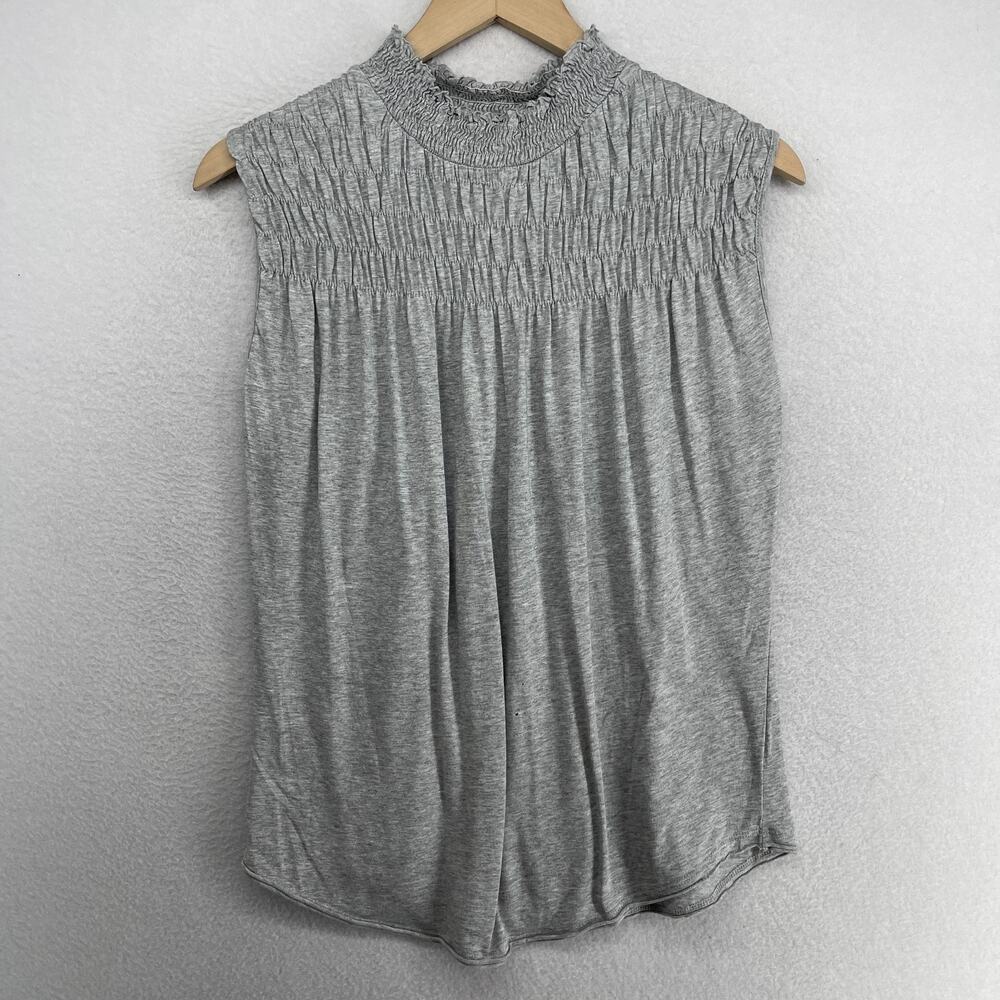 SUNDANCE Top S Lyocell Cotton Jersey Smocked Sleeveless Blouse Mock Neck Gray